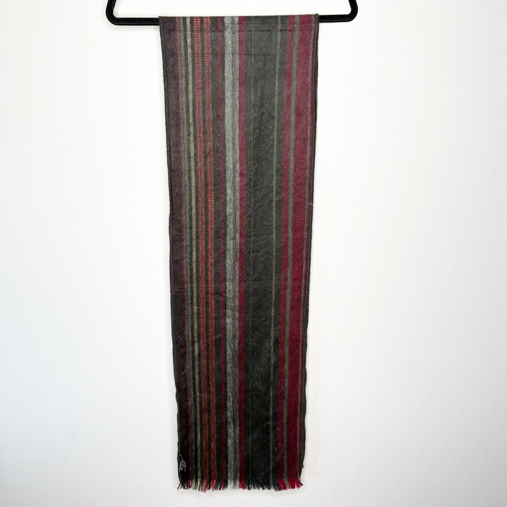 Shupaca Alpaca Scarf Handmade Ecuador Striped Gray Burgundy Red Fringed 78x11
